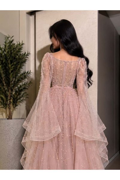 BAKLAFASHO Long Tulle Evening Dress with Pearls and Crystals Embellishments Sheer Bodice and Draped Capelet Off the Shoulder - Pink