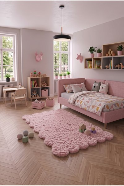 İPEKSER Pembe Kaymaz Taban Peluş Dekoratif Papatya Çocuk Odası Halısı Tozumaz...