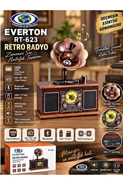 Everton RT-623 Nostalji Radyo -Usb-Tf-Aux 1800Mah Retro GRAMAFON RADYO