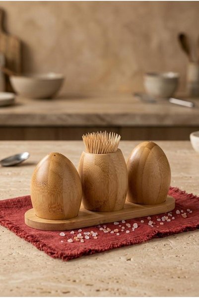 Atbyhome Standlı 4 Parça Bambu Tuzluk Biberlik Kürdanlık Seti 17x7 cm - Masa ...