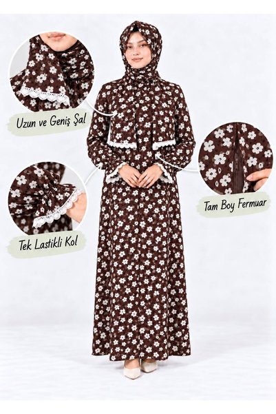 AKPİYYER Viscose Cotton Self-Shalied Full-Length Zippered Practical Prayer Dress with Lace Details