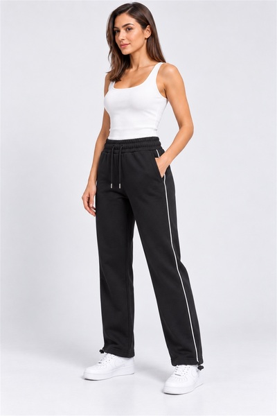 Quanlex Women's Baggy Black Sweatpants with Side Piping and 3-Strand Rastered...