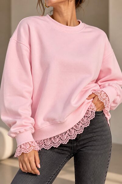 bb butik basic Lace Detailed 3 Thread Embroidered Women's Sweatshirt My3535
