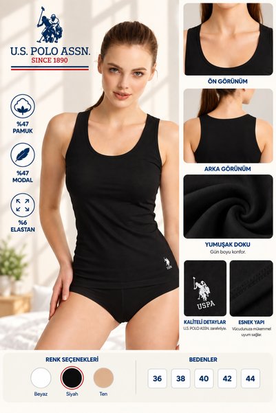 U.S. Polo Assn. Women'S, Licensed, Uspa, 47% Modal, 47% Cotton, 6% Elastane, Wide Strap Tank Top, Comfort, Plain, Set of 2