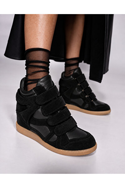 LitaLife Hakiki Deri Gizli Ökçe Süet 4 Bantlı Kadın Sneakers Bot Ayakkabı