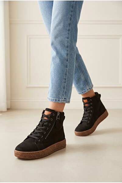 Seles Mod Kadın Siyah Hakiki Deri Yan Fermuarlı Yüksek Taban Sneaker Bot