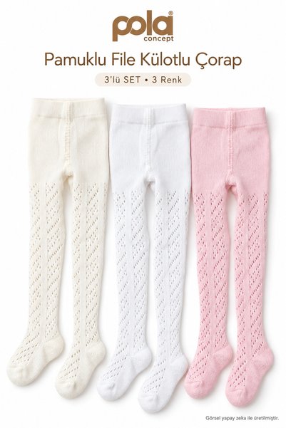 Pola Kız Bebek / Çocuk Pamuklu File Külotllu Çorap 3'lü SET - 3 ÇİFT 3 RENK