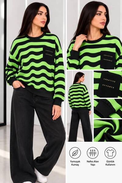 Genel Markalar Kadın Siyah Neon Çizgili Oversize Sweatshirt – Cep Detaylı Gün...