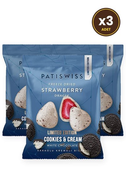 Patiswiss Beyaz Çikolatalı Kremalı Bisküvi Çilek Draje, 50G X 3 Adet