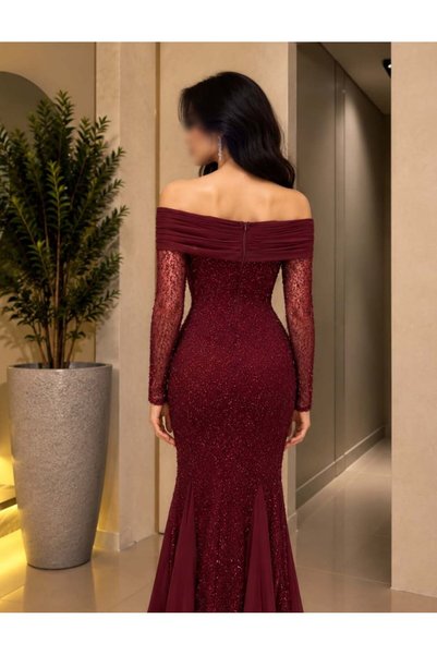 BAKLAFASHO Off Shoulder Mermaid Long Evening Dress with Beaded Bodice and Sheer Lace Sleeves