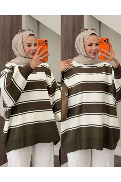 MY QILAM Kadın Çizgili Oversize Triko Tunik, Bisiklet Yaka Balon Kol Salaş Ge...