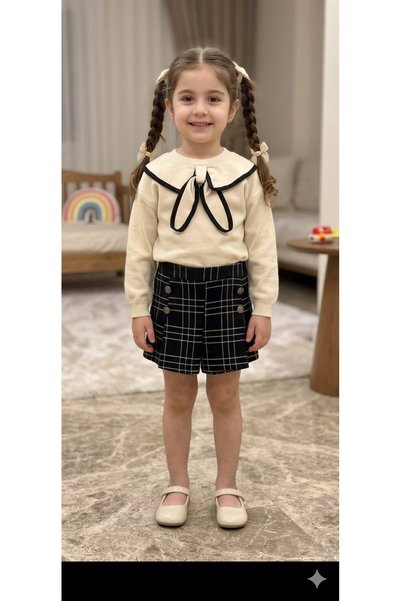 mian Kız Bebek Krem Siyah Kontrast Denizci Yakalı Sweatshirt Ve Ekose Şort Et...