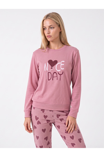 PİJAMANGEL Women's Thermal Pajama Set with Cap Pattern in Pink Color