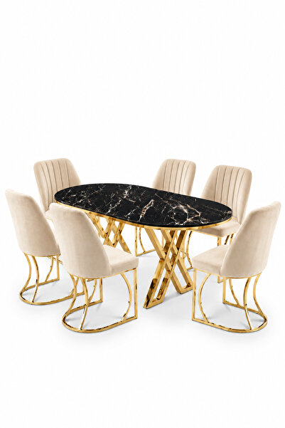 Desire Set Masa şi 6 Scaune Monza, Stil Elegant, Detalii Aurii, 85x160 cm, Bl...