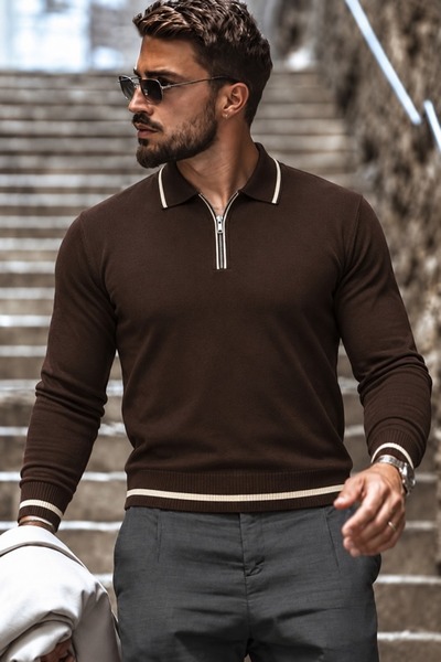 comstar Men's Half-Zip Casual Brown Sweater