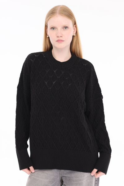 Trist Star Pulover negru pentru femei, 100% bumbac, cu model ajurat, tricotat...