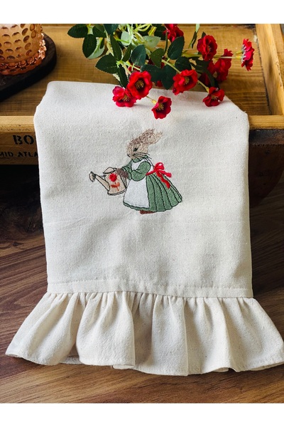 HOME OF BLOSSOM Raw Linen Vintage Rabbit Embroidered Ruffled Kitchen Towel 40...