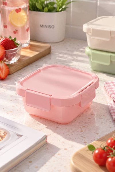 Miniso Lisanslı Macaron Serisi Gıda Kabı 350 mL Pembe – Kilitli Kapaklı Kompa...