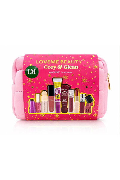 LOVEME BEAUTY بوكس مكياج لافمي بيوتي Cozy & Glean مع حقيبة وردية – مجموعة للشفاه والخدود والحواجب