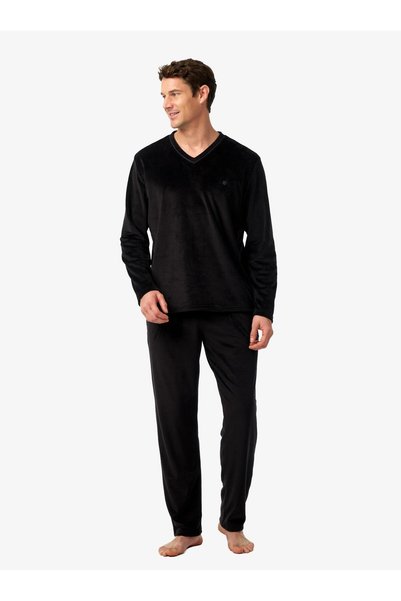 Blackspade Erkek Uzun Kol V Yaka Polar Kadife Siyah Pijama Takımı C2T8N904