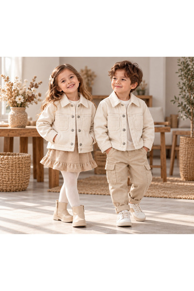 TucanKids Kız Erkek Çocuk Unisex Ham Kadife Ceket – Cepli Düğmeli Mevsimlik Ç...