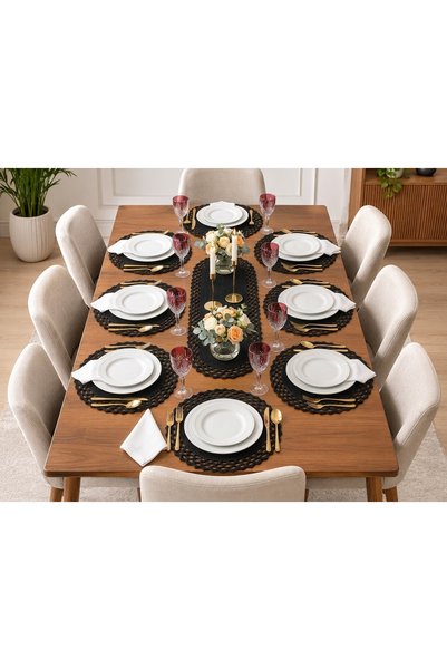 EFLİNS Supla 9-Piece Black American Service Hand Knitted Macrame