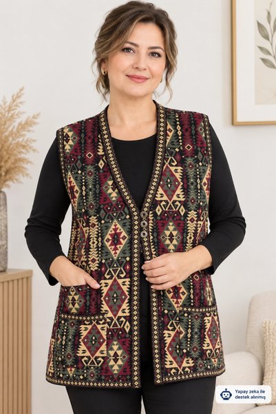 bulutteks Kilim Desenli Akay 3 Düğmeli 2 Cepli Anne Kışlık Yelek Şık ve Sıcak...