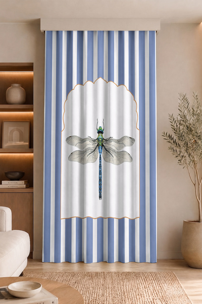 Realhomes Dragonfly Figured and Striped Digital Printed Single Wing Background Curtain Modern Decorative Curtain (Throw Pillow Gift)