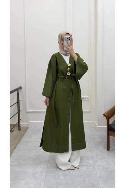 Minharir Monaco Broş Detaylı Denim Kimono