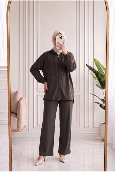Holehola Vedia Hooded Zippered Pique Pants Set-Nl1118 Brown
