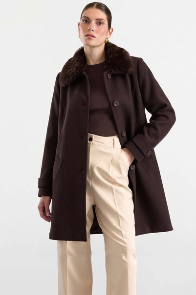 Olcay Detachable Fur Punto Stitching Detailed Exclusive Large Size Coat Brown...