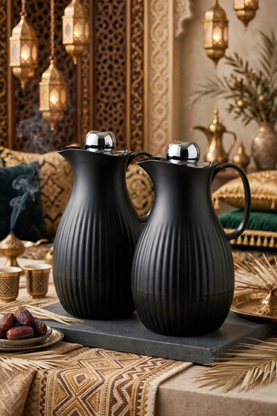 ZALA طقم ترمس فاخر على الطراز العربي سعة 1 لتر + 1 لتر |   إبريق قهوة وشاي عربي مع بطانة زجاجية |   مثالي للضيافة والهدايا