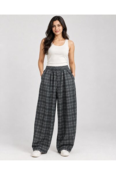 TENA Women's Petrol 8253 Gabardine Plaid Trousers with Elastic Waist