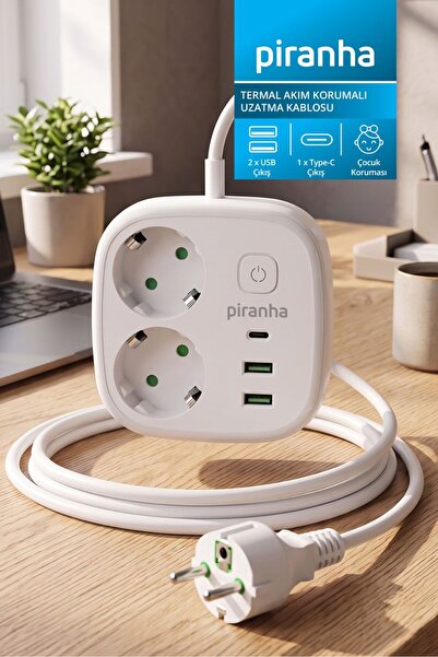 Piranha 45685 Akım Korumalı 2'li Priz | 2 x USB Çıkış | 1 x Type-C Çıkış | Ço...