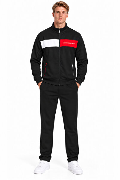 Marco Ferry Men's Stand Collar Sporty Detailed Tracksuit Set Black-9546
