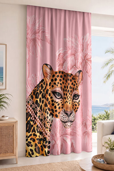 Realhomes Leopard Figured Single Wing Background Curtain with Pearl Pendant Decoration Decorative Curtain (with Cushion Cover)