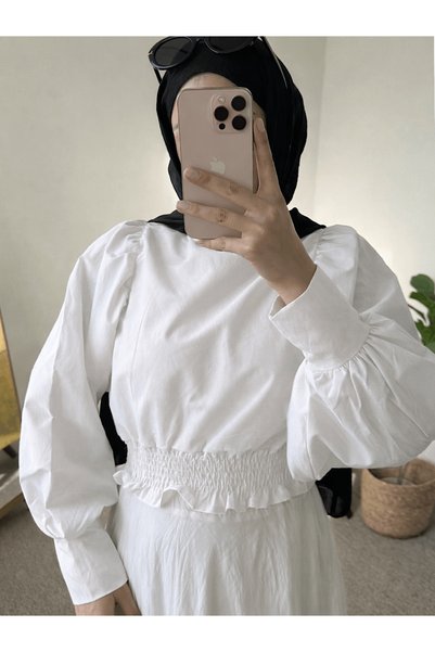 Hepsi Moda Balloon Sleeve Gimped Blouse - 1250 - Cvx - White