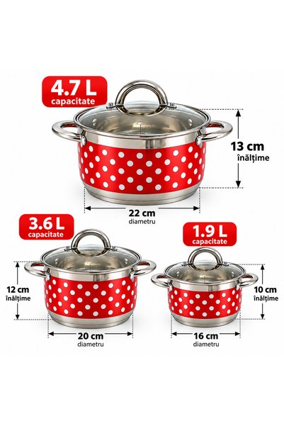 Rovitech Set de 3 oale din oțel inoxidabil cu capace de sticlă, compatibile cu toate sursele de căldură