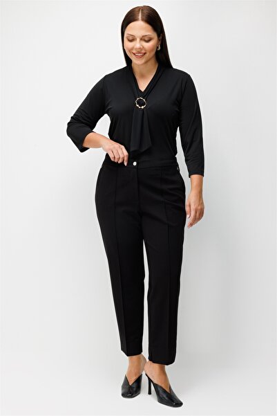 Ekol Women's Elastic Waist Pants with Slit Detail at the Hem, Black