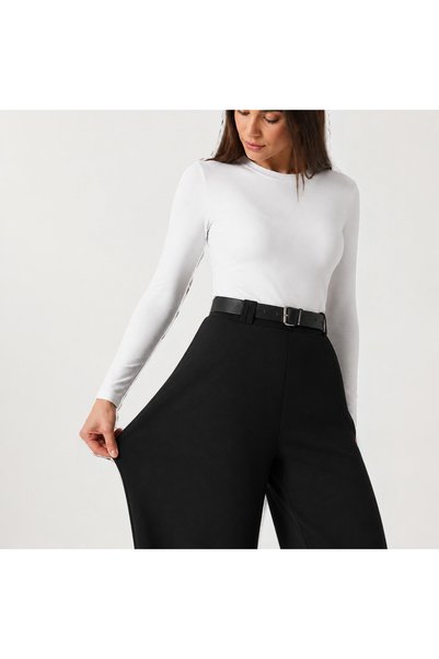 FEMİNEER.com Women's Licra Belt Comfortable Cut Palazzo Pants-Black