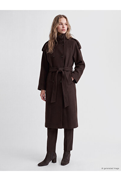 LC Waikiki Two Mt Shop Quality Lcw Vision Brown Belted Wool Blend Women's Cas...