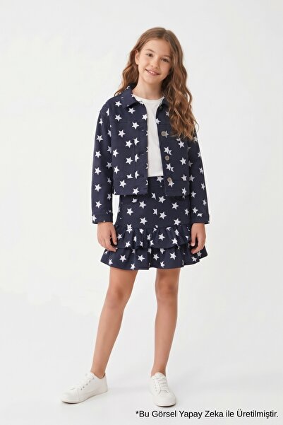 Le Mabelle Navy Blue Star Patterned Girl's Gabardine Skirt and Jacket Set - M...