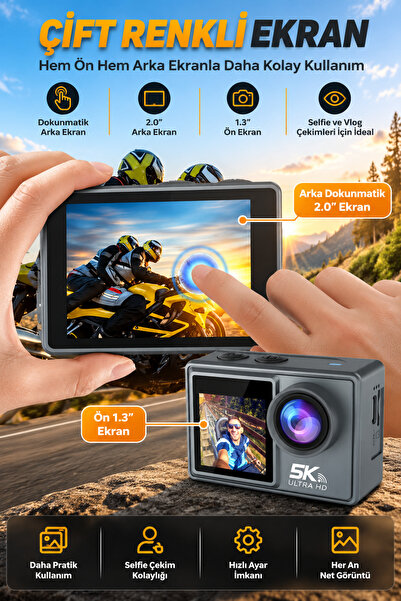 ROBEVE 5K Ultra HD Aksiyon Kamera Çift Ekranlı Dokunmatik Ekran Wi-Fi Bağlantılı Spor ve Vlog Kamerası Su Geçirmez Kılıflı Geniş Açı Outdoor Kamera Aksesuar Setli Aksiyon Kamerası 64GB Hafıza Kartı