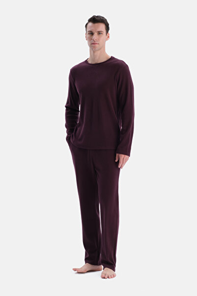 Dagi Set pantaloni și tricou cu mânecă lungă, tip waffle, culoare burgundy