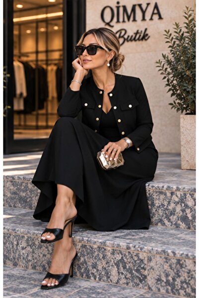 QİMYA BUTİK Women's snap long sleeve cardigan sleeveless v neck long basic dress with bouquet
