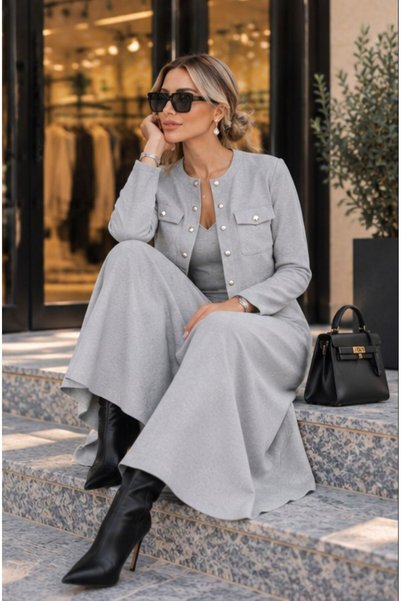 QİMYA BUTİK Women's snap long sleeve cardigan sleeveless v neck long basic dress with bouquet
