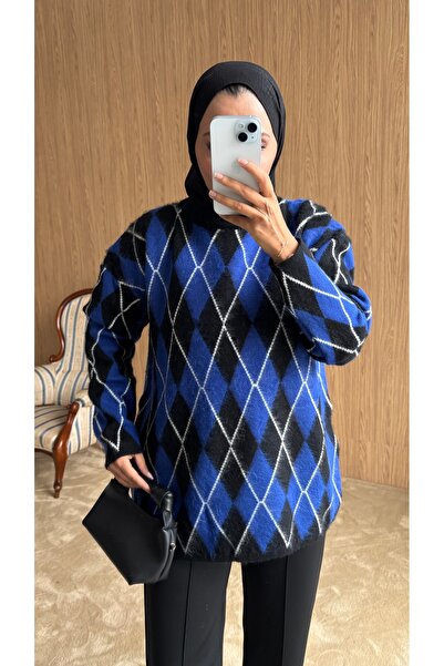 QUWİQ Women's Diamond Patterned Oversized Striped Sweater