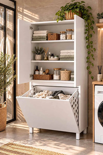 dekor fim DF03112 Çok Amaçlı Dolap 3 Raflı Kapaklı Banyo Dolabı, Kirli Sepetl...