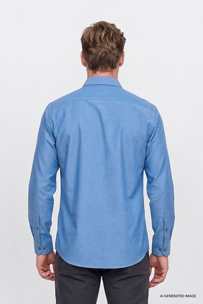 AC&Co / Altınyıldız Classics Erkek Mavi Pamuklu Yumuşak Dokulu Flanel Slim Fit Dar Kesim Düğmeli Yaka Gömlek