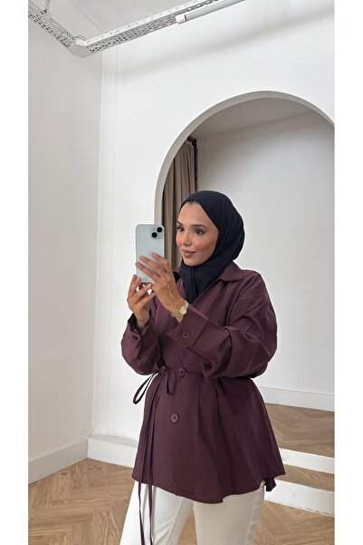 QUWİQ Kadın Önü Dikişli ve Düğmeli Bel Bağlamlı Tesettür Modal Gömlek - Mürdüm